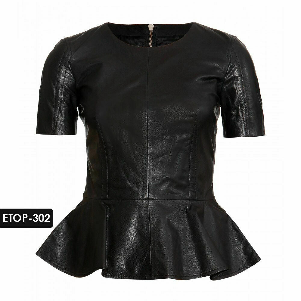 NOORA 100% Genuine Lambskin Leather HalfSleeve Cropped Sexy Top Slim-fit WA510