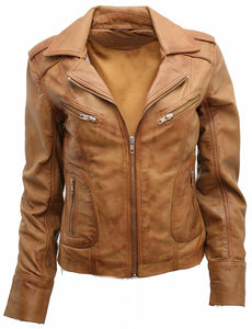 Noora Womens Ladies Real Soft Tan Brown Leather Racing Style Biker Jacket NEW L25