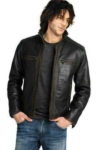 NOORA New Men's Lambskin Leather Black Jacket Bikers Bomber Modern Styles QD164