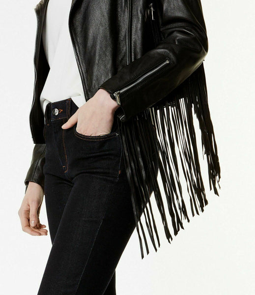 NOORA New Women Leather Lambskin Crop Jacket Black Fringe Biker Motorcycle QD29