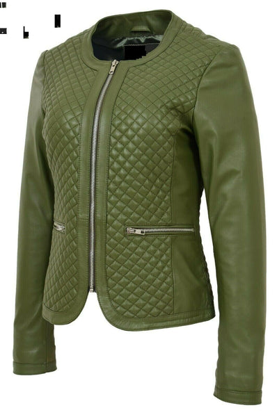 Noora Women Collarless Soft Olive Green Leather Jacket Fitted Quilted slim fit 9