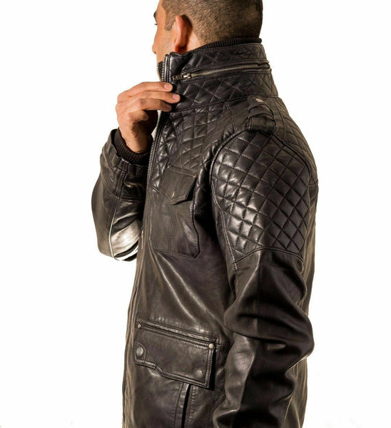 Noora Men Biker Black Leather Jacket Black Double Layered Collar & Zip Real Leather QD41