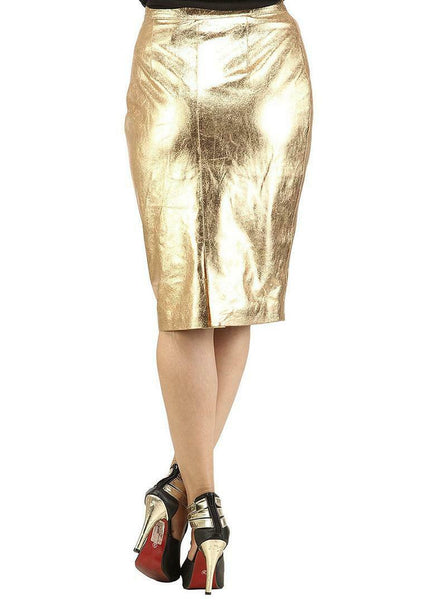 NOORA Women Leather Skirt Genuine Real Lambskin Soft Leather Gold Knee Skirt QD