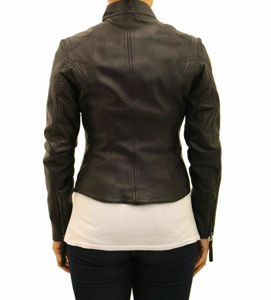 NOORA Ladies Real Leather Fitted Smart Short Zipped Black Biker Jacket PA3