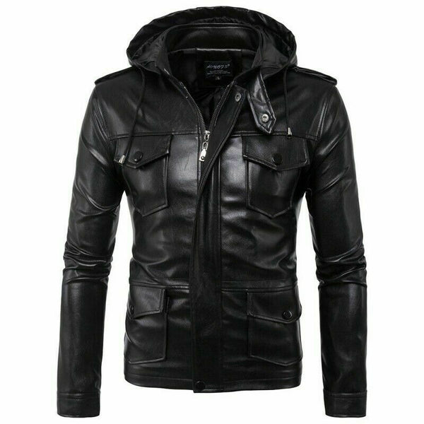 Noora Mens Hooded Leather Jacket Black Fitted Stylish Sports Real Black Color Leather Jacket WA530