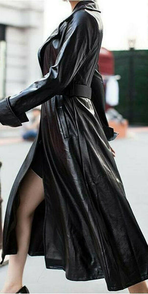 Noora Women's Black Leather Trench Coat Lambskin Long Overcoat Winter Jacket SP3