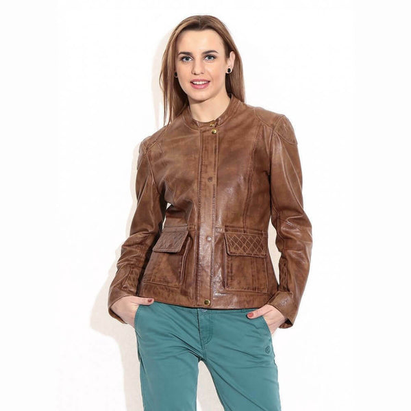 Noora Women Distressed Leather Jacket Vintage Style Fashion Casual Ladies Jacket