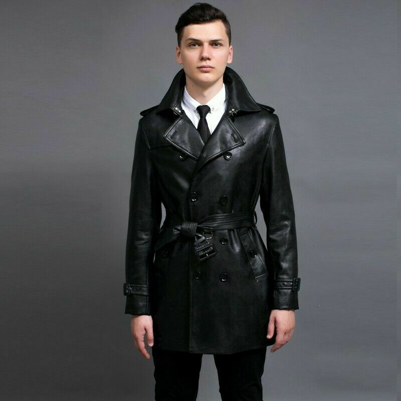 Noora Men's Leather Overcoat Jacket Trench Coat Belted Lapel Business Mid Long