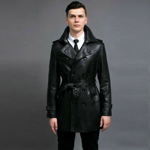 Noora Men's Leather Overcoat Jacket Trench Coat Belted Lapel Business Mid Long