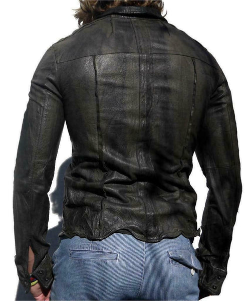 Noora Mens Gents Black Adjustable Collar Casual Shirt Soft Leather Shirt Jacket