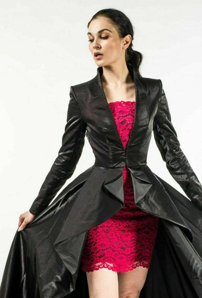 Noora Black Leather Long Gothic trench Coat Pleated Autumn Haute Celebrity Dress
