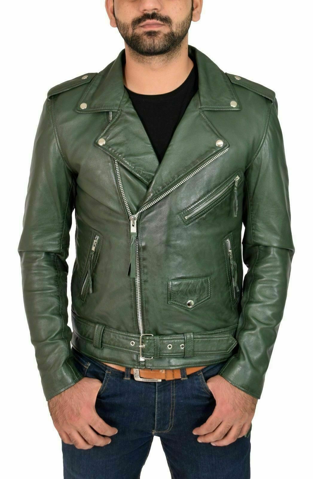 NOORA New Men's Lambskin Leather Green Jacket Bikers Bomber Modern Styles QD215