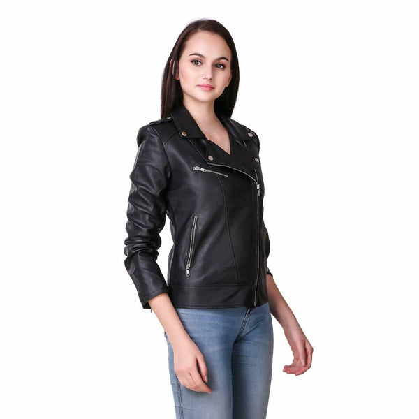 Noora Womens Ladies Real Soft Black Leather Racing Style Biker Jacket NEW L35