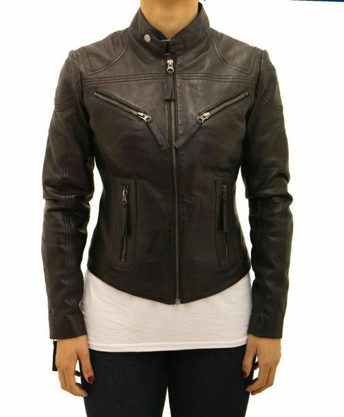 NOORA Ladies Real Leather Fitted Smart Short Zipped Black Biker Jacket PA3