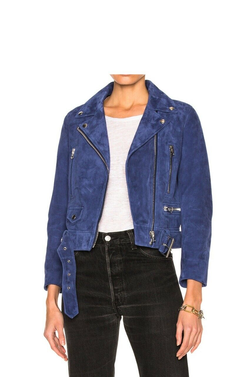 Noora Women's Real Blue Suede Biker Soft Lambskin Leather Jacket for Halloween RS240