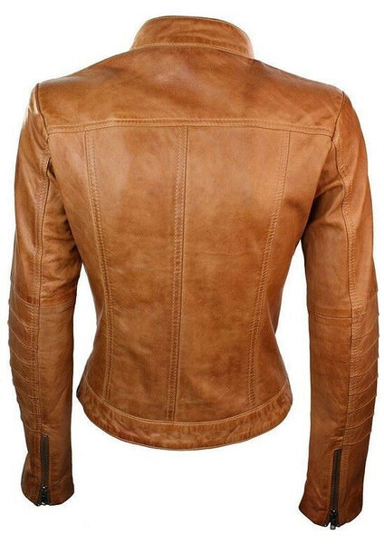 NOORA New Women Ladies Biker Brown Genuine Real Leather Jacket BS-107