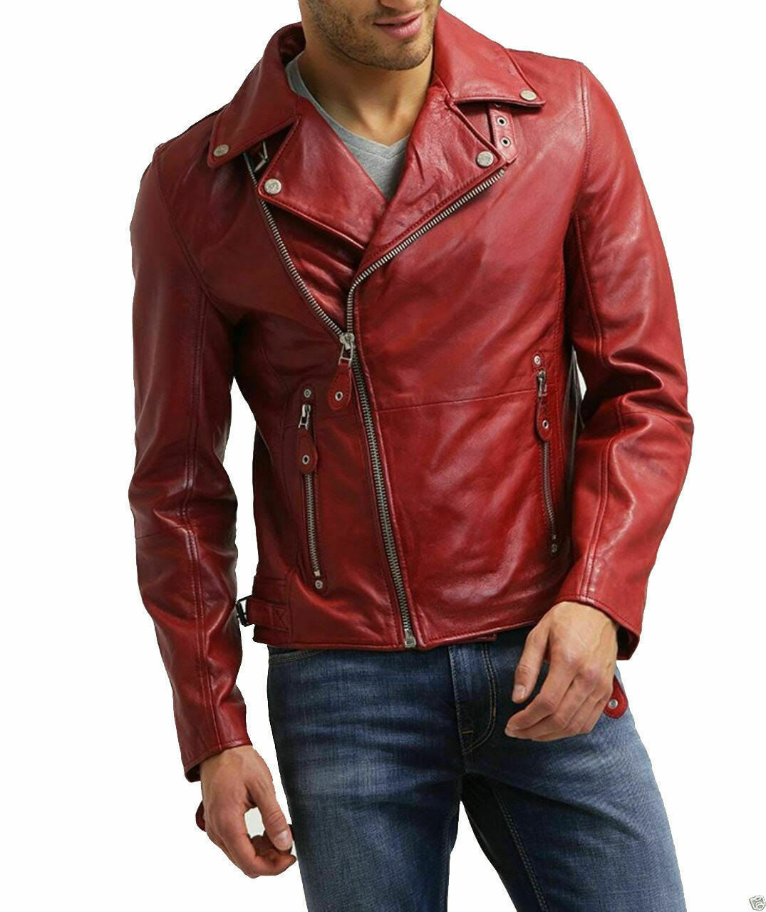 NOORA MEN'S RED LEATHER JACKET SLIM FIT BIKER LAMBSKIN LEATHER MOTORCYCLE NI-14