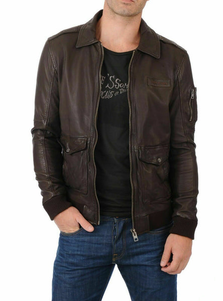 NOORa Mens Lambskin Brown Leather Biker Jacket ,  Bomber Jacket With Zipper & Pocket | Pocket On Sleeves | ST0122
