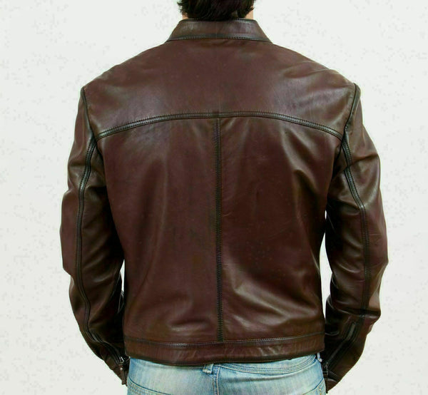 NOORA Men Wine Burgundy Leather Retro Zipped Biker Jacket Washed Soft Vintage S9