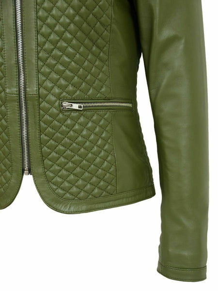 Noora Women Collarless Soft Olive Green Leather Jacket Fitted Quilted slim fit 9