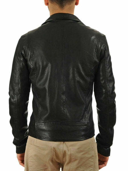 NOORA Mens Black Genuine Leather Jacket Real Lambskin Slim Fit Biker Style WA186