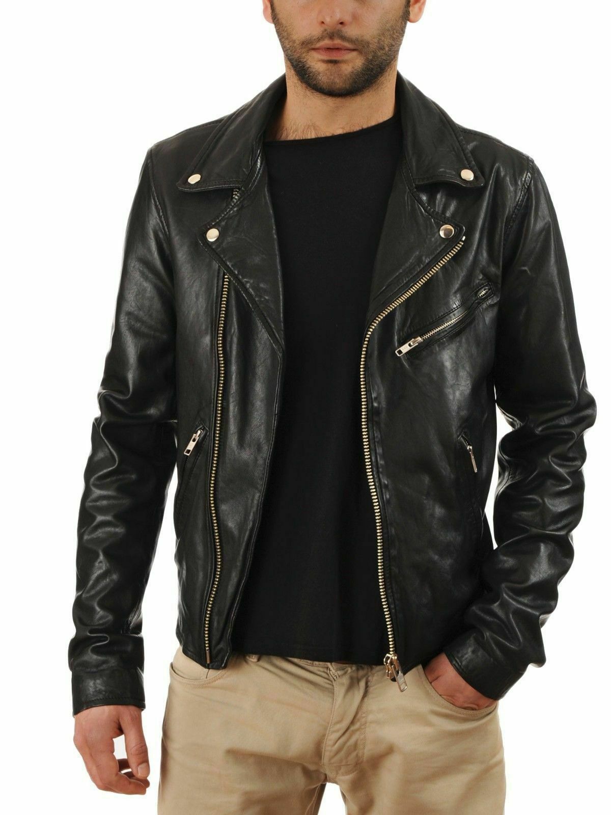 NOORA Mens Black Genuine Leather Jacket Real Lambskin Slim Fit Biker Style WA186