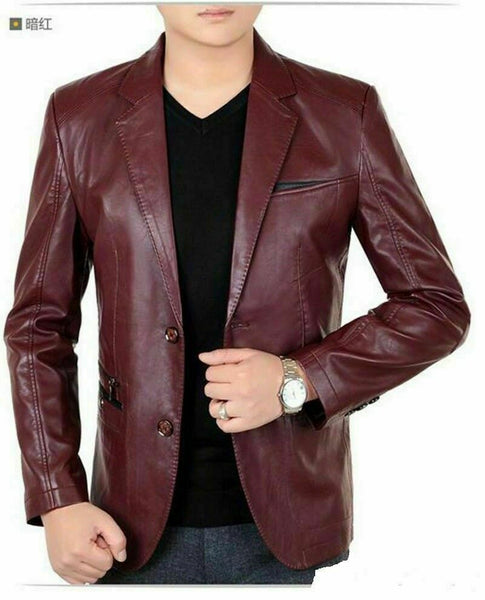 NOORA Men MAROON Leather BLAZER Lambskin Blazer Jacket 2 BUTTON Leather Coat SP2