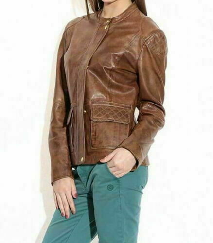 Noora Women Distressed Leather Jacket Vintage Style Fashion Casual Ladies Jacket