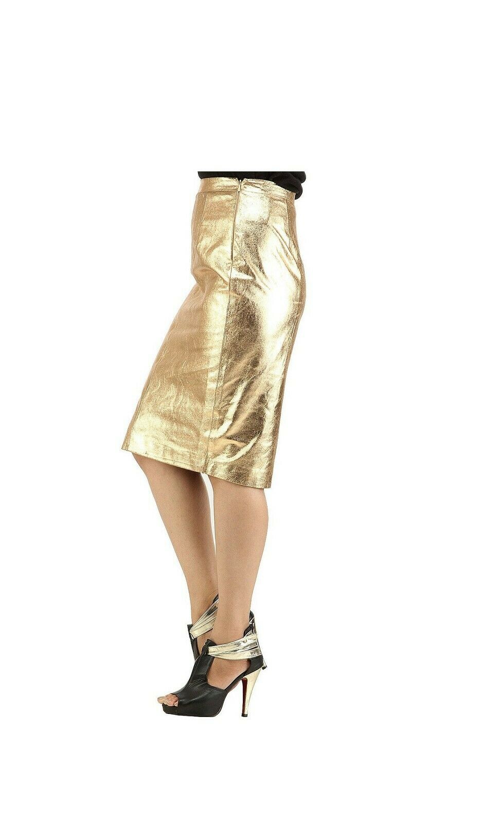 NOORA Women Leather Skirt Genuine Real Lambskin Soft Leather Gold Knee Skirt QD