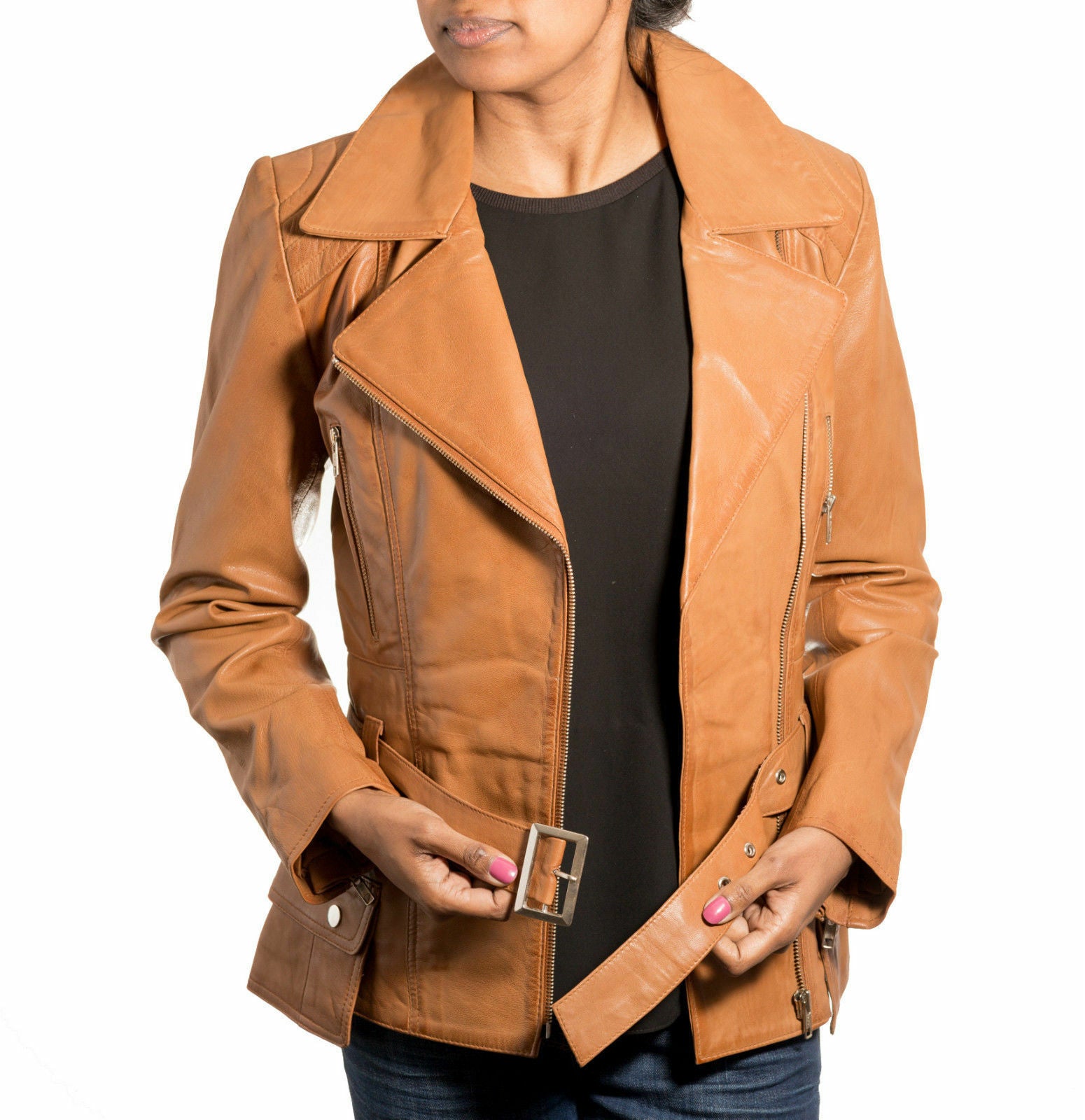 Noora Ladies Light Brown Leather Jacket Belted Military Retro BS-95