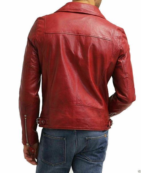 NOORA MEN'S RED LEATHER JACKET SLIM FIT BIKER LAMBSKIN LEATHER MOTORCYCLE NI-14