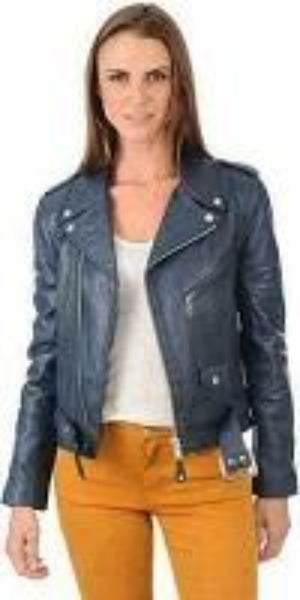 Noora Women's Blue Lambskin Leather Jacket | Biker Racer Belted Leather Jacket With Branded YKK Zipper  QD238
