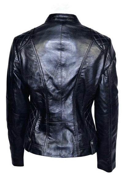 Noora Womens Ladies Real Lambskin Black Leather Racing Style Biker Jacket NEW L24