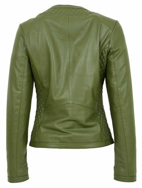 Noora Women Collarless Soft Olive Green Leather Jacket Fitted Quilted slim fit 9