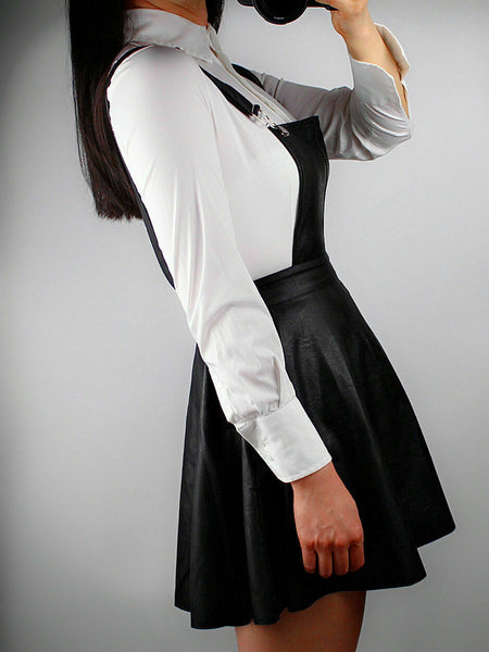 NOORA WOMEN Skirt 100% LAMBSKIN Leather Black Dress Overall Strap Suspenders SP5