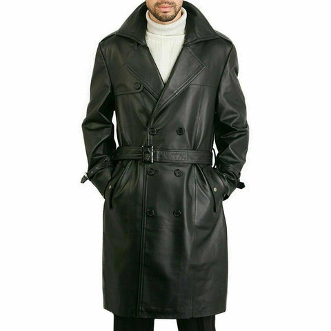 Noora Men Black Coat Leather Trench Coat Lambskin Leather Jacket Long Trench