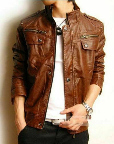 Noora New Men Lambskin Brown Leather Jacket Motorcycle Biker Style Modern Jacket QD67