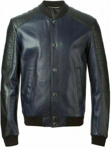 Noora New Mens Lambskin Navy Blue Leather Jacket, Glossy Bomber Biker Slim Fit Color Block Leather Jacket YK0104