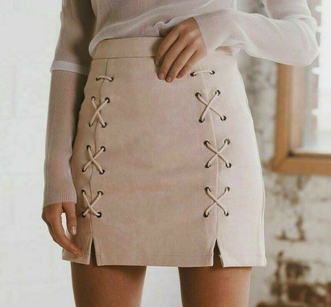 Noora Women Lace Up Leather Suede Pencil Skirt Cross High Waist Slim Fit  SK-101