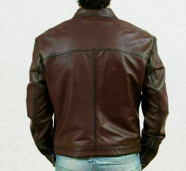 NOORA Men Wine Burgundy Leather Retro Zipped Biker Jacket Washed Soft Vintage S5