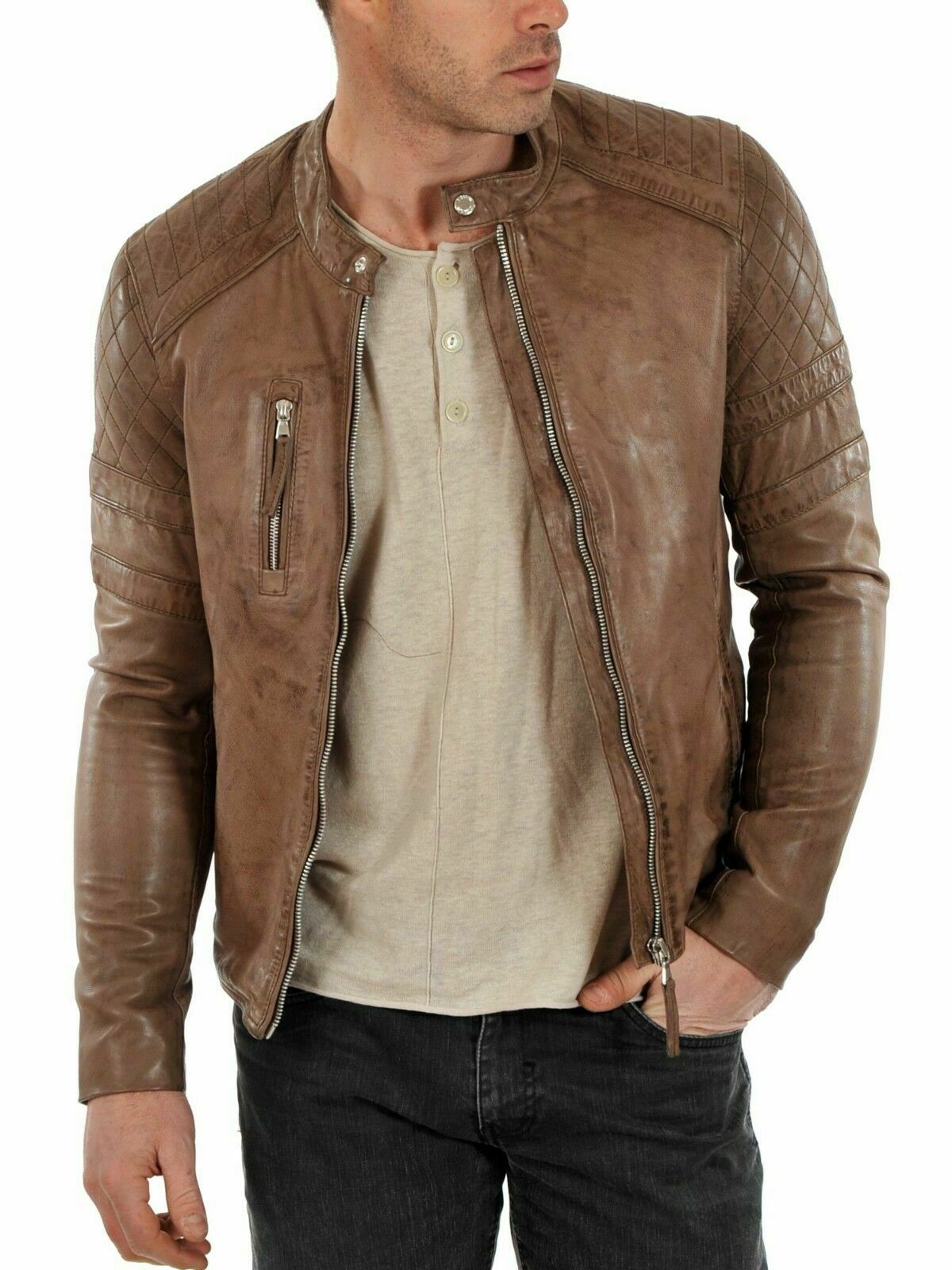 Noora New Men Genuine Lambskin Leather Jacket Tan Motorcycle Modern Biker QD77
