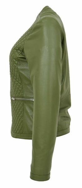 Noora Women Collarless Soft Olive Green Leather Jacket Fitted Quilted slim fit 9