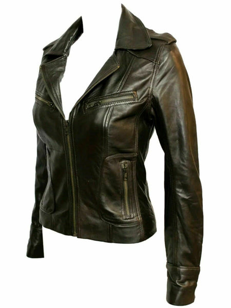 Noora Womens Ladies Real Soft Leather Racing Style Biker Jacket NEW L3