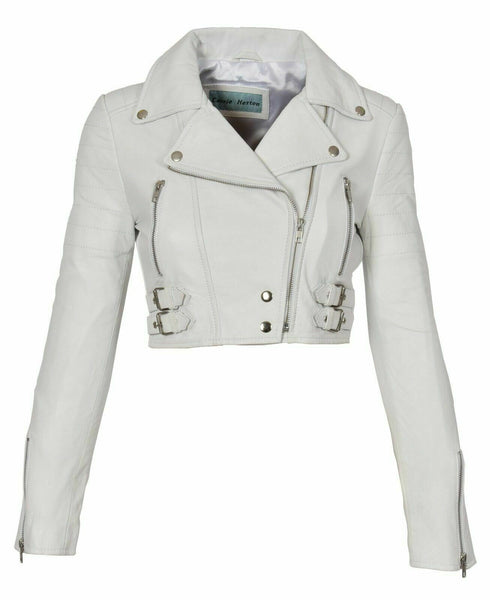 NOORA White Leather Womens Biker Jacket Short Cropped Fitted Sexy Bolero - WA499