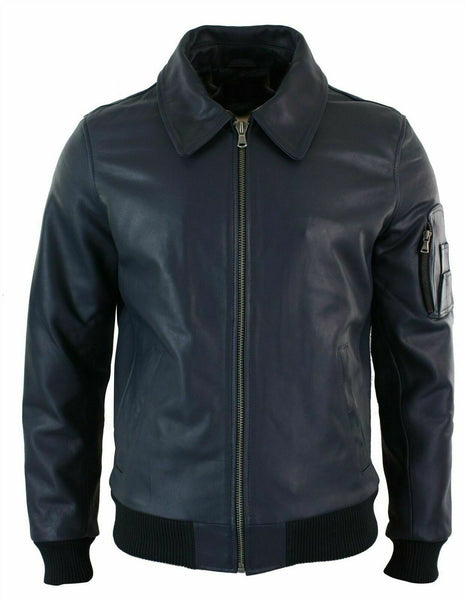 NOORA Mens Lambskin Blue Leather Biker Jacket With Zipper | Pocket On Sleeves | Bomber Jacket | ST0119