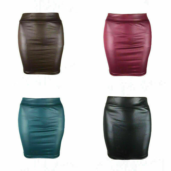 Noora Womens Ladies Black Red Wetlook Leather Look Elasticated Mini Skirts QD187