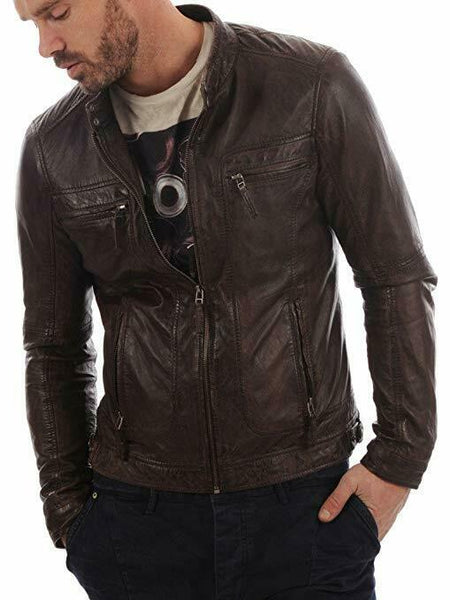 NOORA MEN'S BIKER Genuine Fridge CAFE RACER  REAL  LEATHER SLIM FIT JACKET NI-29