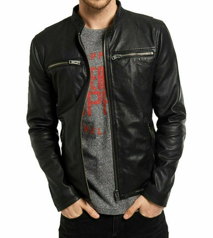 Noora Black Genuine Sheepskin Leather Jacket Men's Slim fit Biker Leather Black Jacket YK50