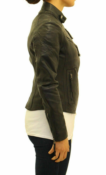 NOORA Ladies Real Leather Fitted Smart Short Zipped Black Biker Jacket PA3