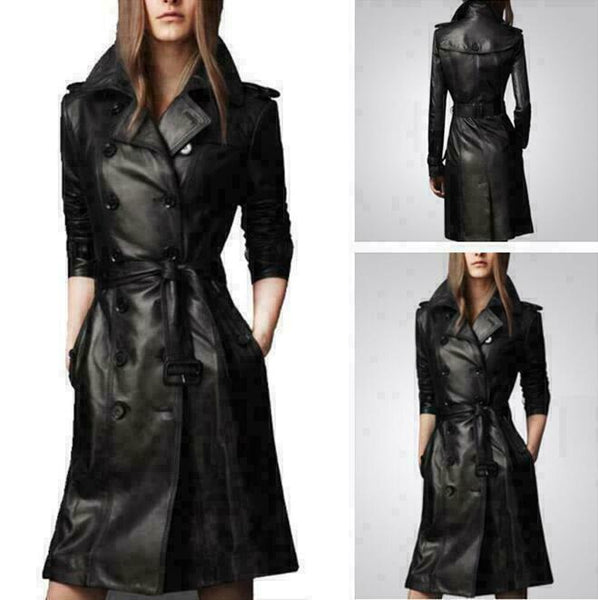 NOORA Ladies Leather Trench Coat Belt Windproof Knee Length Overcoat Jacket KN8